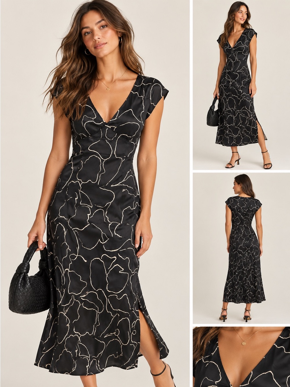 Madewell Cap Sleeve V-Neck Floral Cupro Midi Dress Black Cream Size 8